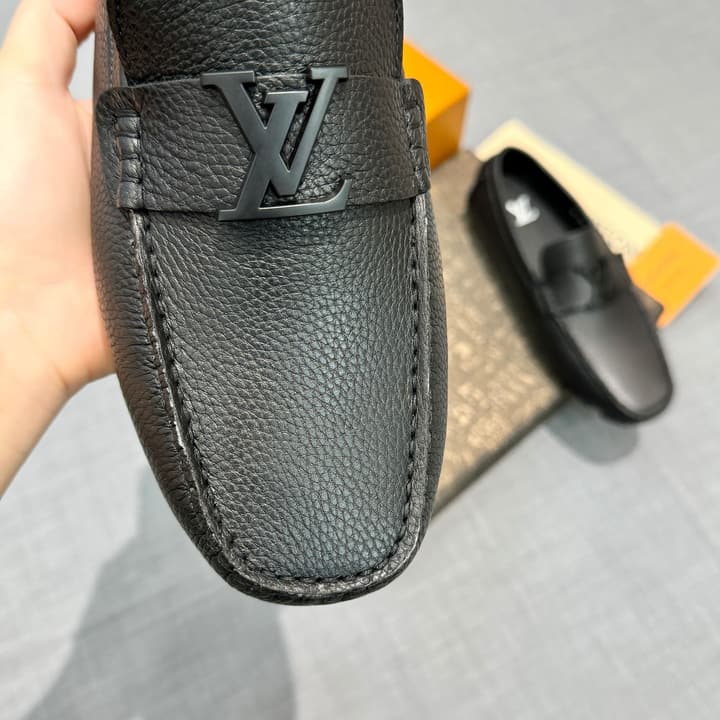 Louis Vuitton Men's Grained Leather Driving Shoes in Dark Gunmetal Hardware