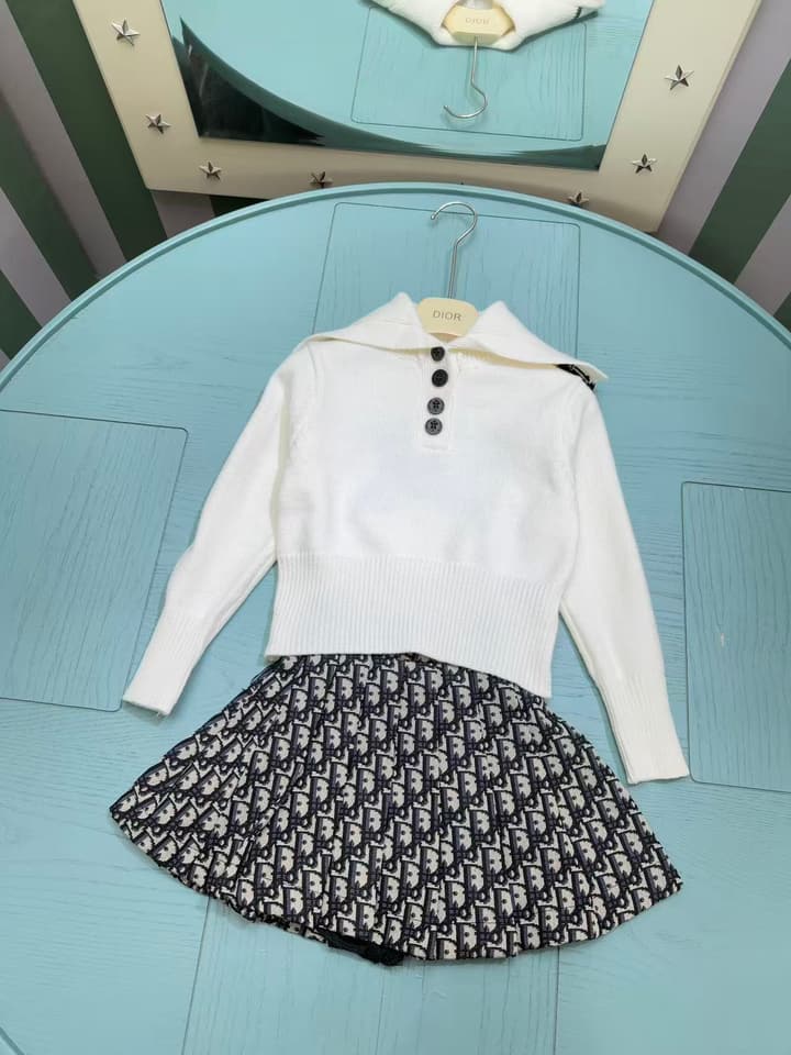 Dior Girl's Knitted Jacket and Skirt Set – Kids Collection – 2025SS in White Sailor Knit & Monogram Skirt Set