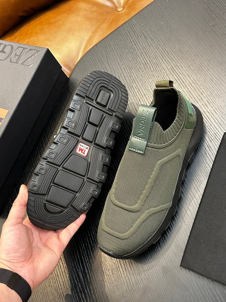 Zegna Techmerino Slip-On Sneakers in Dark Navy With Green Accent