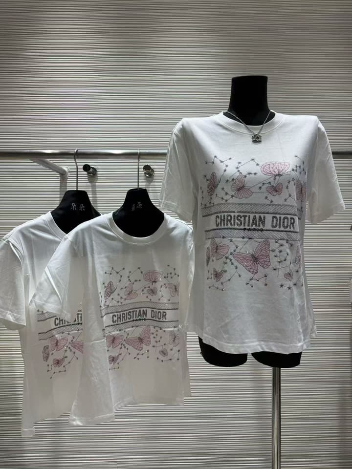 Dior Pink Butterfly Rhinestone Print T-Shirt in White With Pink Butterfly Print