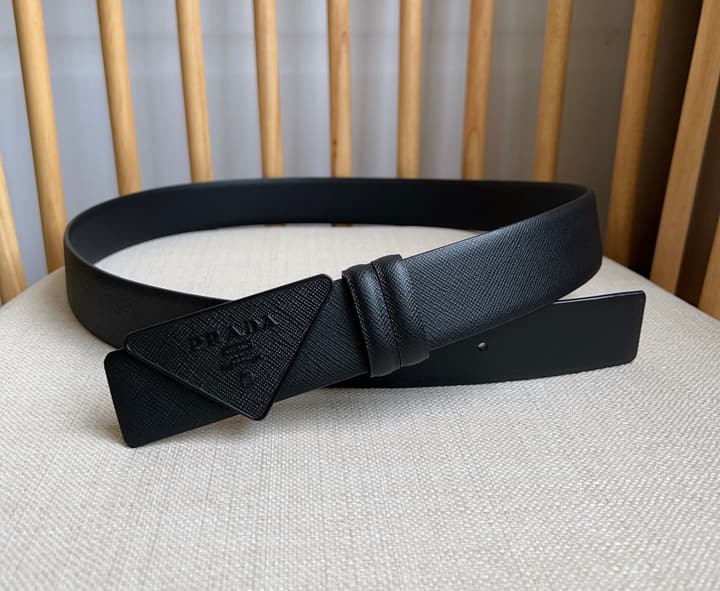 Prada Triangle Logo Buckle Belt in Black Textured Leather With Black Buckle