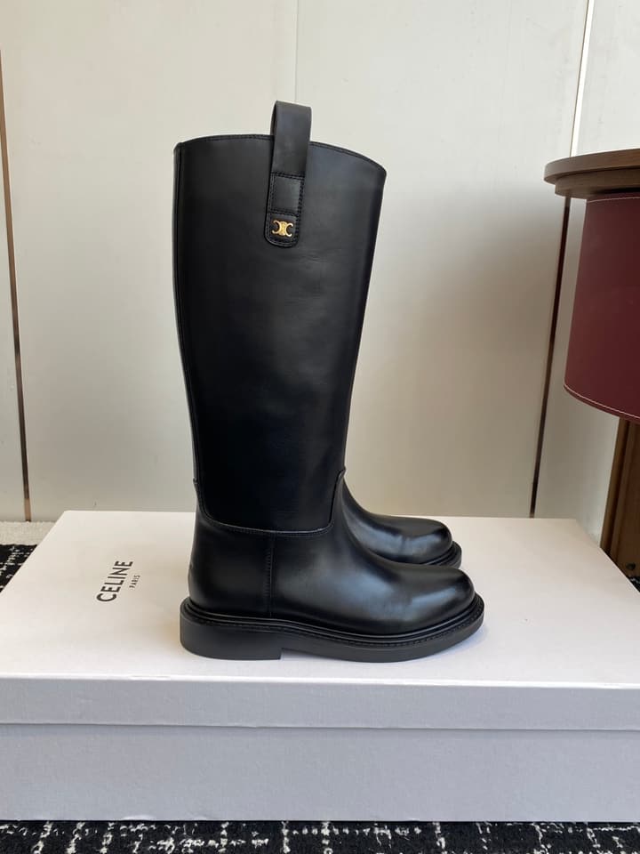 Celine Triomphe Equestrian Ankle Boots – 2025FW in Waxed Black Leather