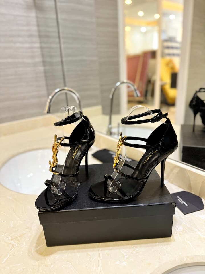 Saint Laurent YSL Logo Lacquer Heeled Sandals in Black Matte With Black Logo
