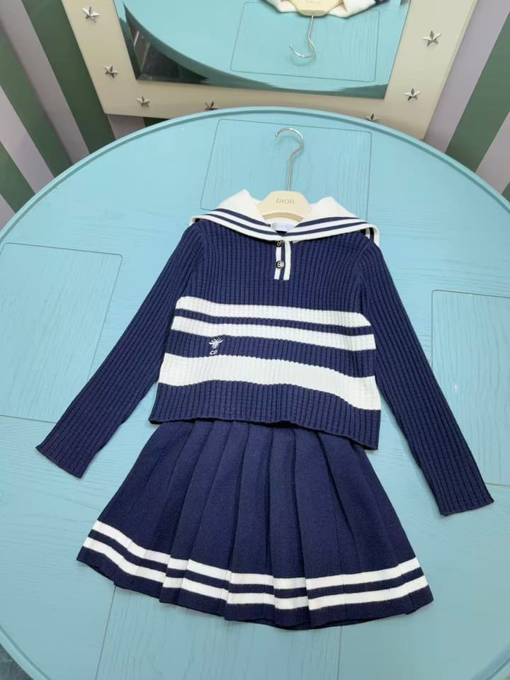 Dior Girls' Knit Cardigan and Skirt Set – 2025SS in Navy Blue With White Stripe