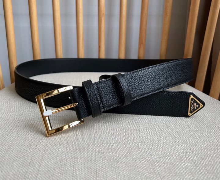 Prada Leather Belt with Triangle Logo in Black Leather Gold Buckle