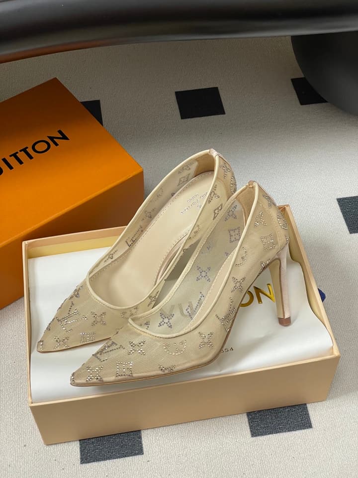 Louis Vuitton Gala Mesh Rhinestone High Heels – 25SS in Beige Monogram Lace