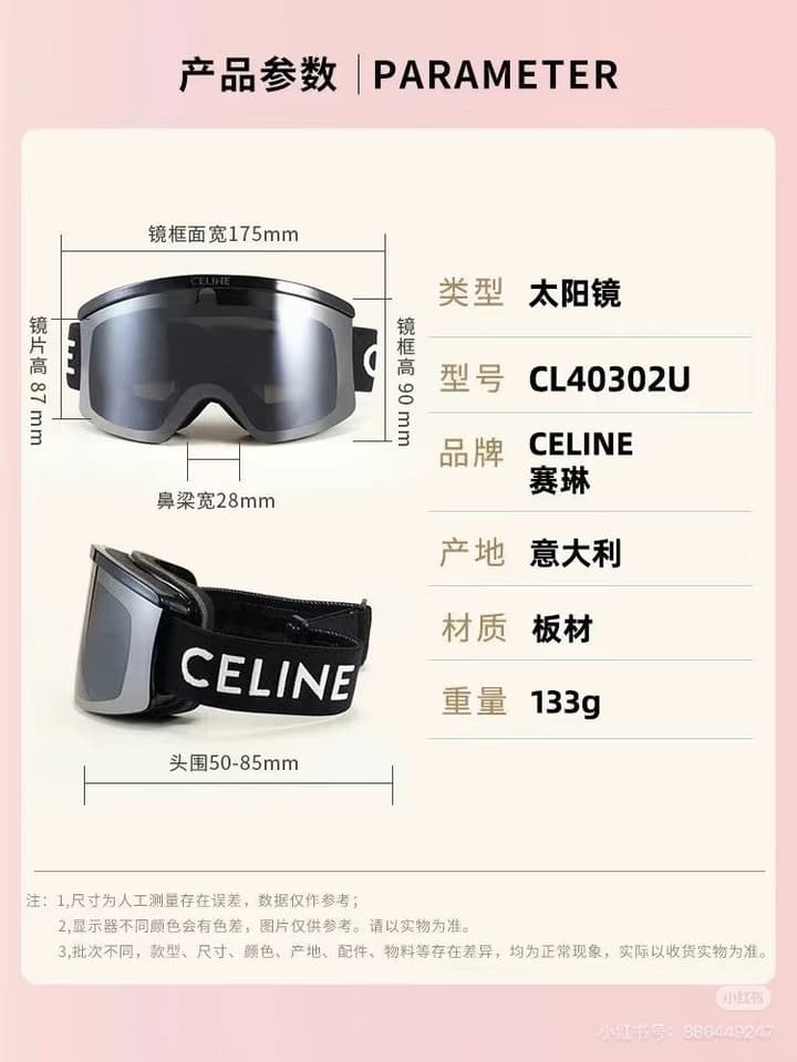 Celine Ski Goggles in Black Frame With Black Strap
