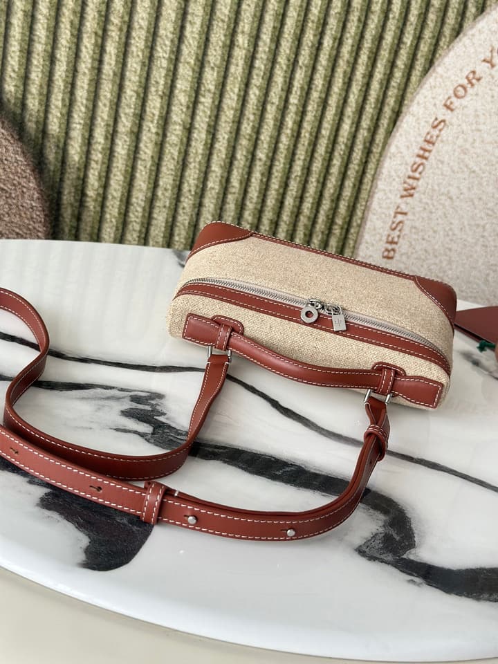 Loro Piana L19 Canvas Crossbody Bag – Spring/Summer Resort Collection in Beige Canvas With Burgundy Trim