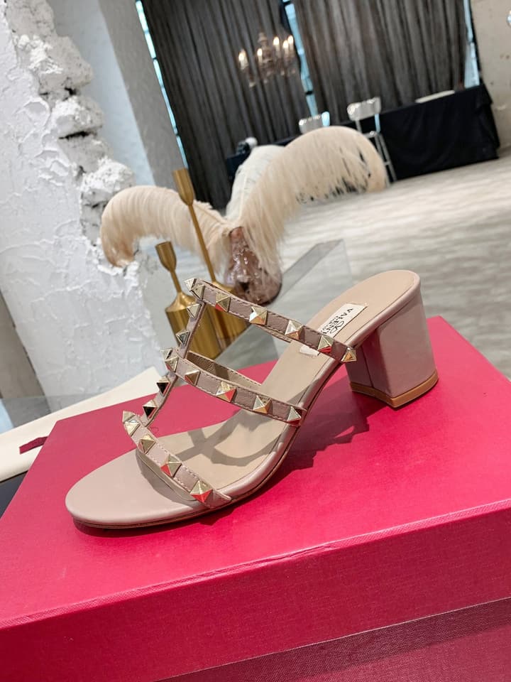 Valentino Rockstud Classic Block Heel Sandals in Nude With Gold Studs