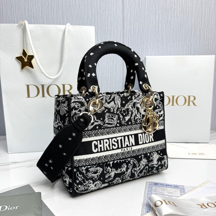 Dior Lady Dior 5-Grid Hand-Embroidered Handbag in Black Embroidered Toile