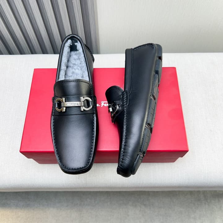 Ferragamo Imported Cowhide Fur-Lined Loafers in Black Patent Leather
