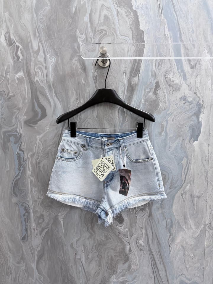 Loewe Embroidered Fringe High-Waist Denim Shorts – 26SS in Light Blue