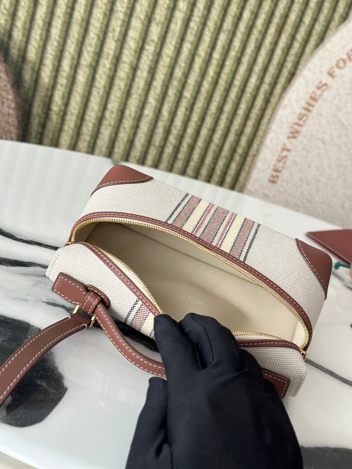 Loro Piana L19 Canvas Crossbody Bag – Spring/Summer Resort Collection in Beige Canvas With Burgundy Trim