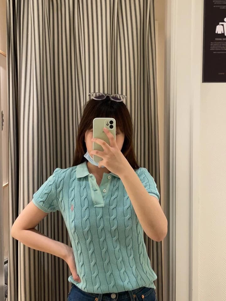 Ralph Lauren Pony Embroidered Cable-Knit Polo Shirt in Baby Blue