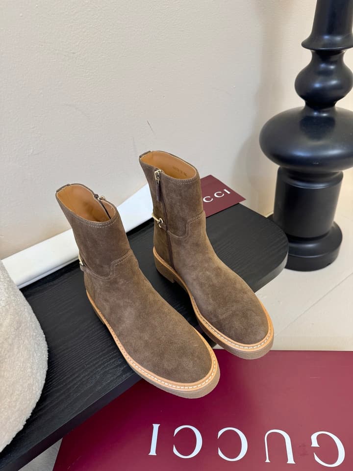 Gucci Runway Suede Boots in Taupe Suede
