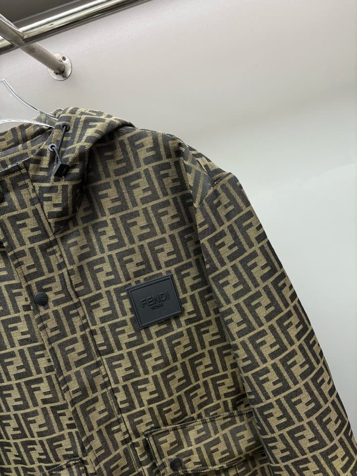 Fendi FF Jacquard Hooded Thin Jacket in Olive Brown Ff Jacquard