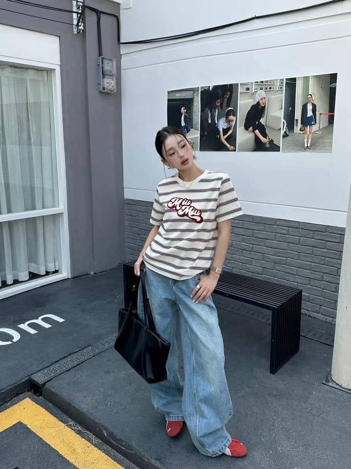 Miu Miu Embroidered Striped T-Shirt in Cream Striped