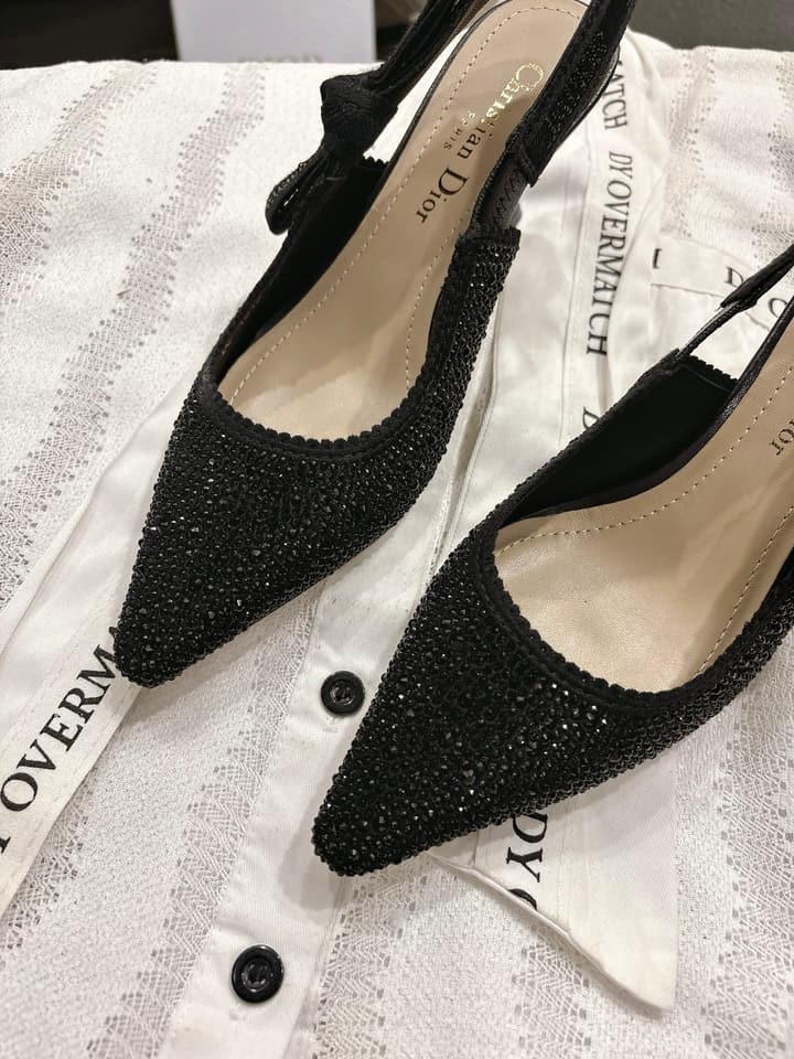 Dior J'Adior Embroidered Strap Kitten Heel Sandals in Black Patterned Fabric