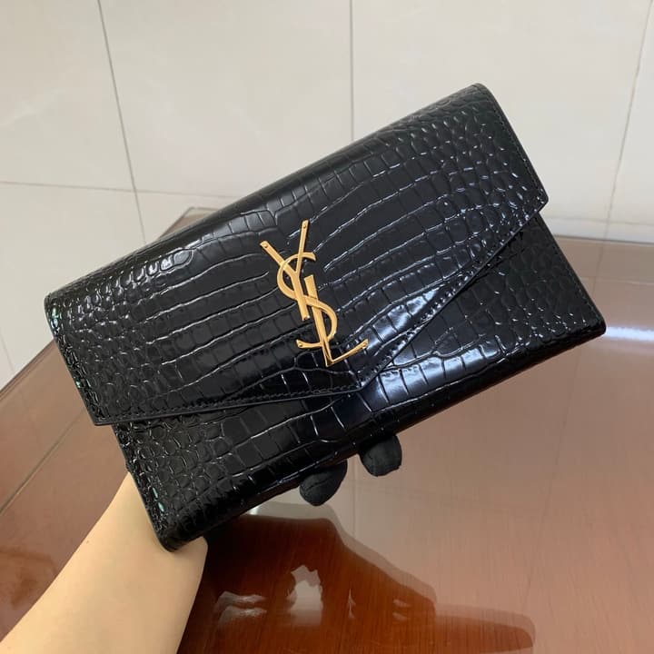 Saint Laurent Uptown Crocodile Embossed Long Wallet in Black Crocodile Embossed