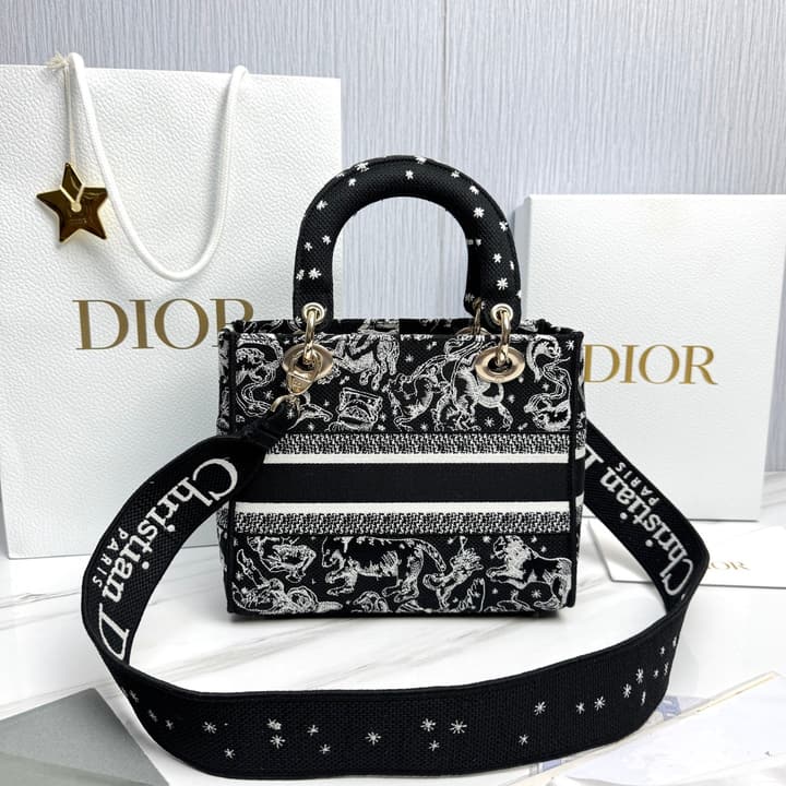 Dior Lady Dior 5-Grid Hand-Embroidered Handbag in Black Embroidered Toile