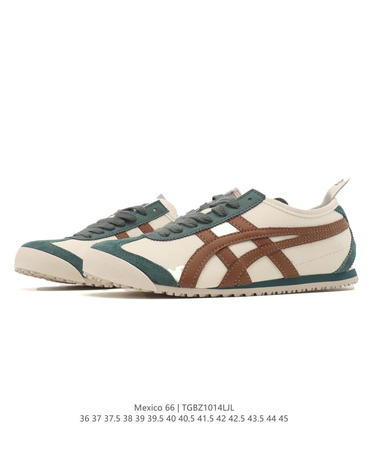 Onitsuka Tiger Mexico 66 Classic Sneakers in Cream With Brown And Dark Green Stripes