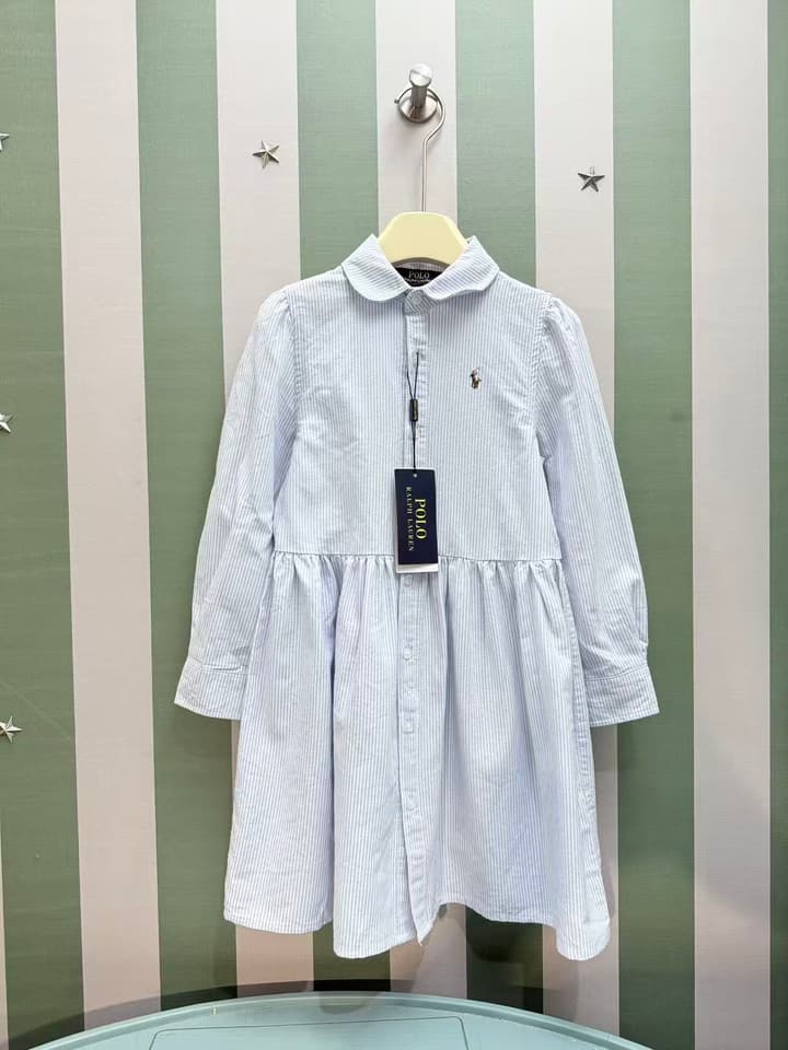 Ralph Lauren Polo Kids Embroidered Shirt Dress – 2025SS – Kids Collection in Blue Pinstripe