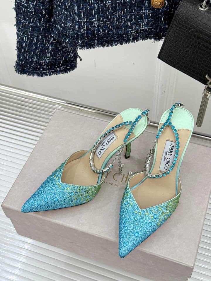 Jimmy Choo Classic Crystal Pointed High-Heeled Sandals in Lavender Yellow Ombre