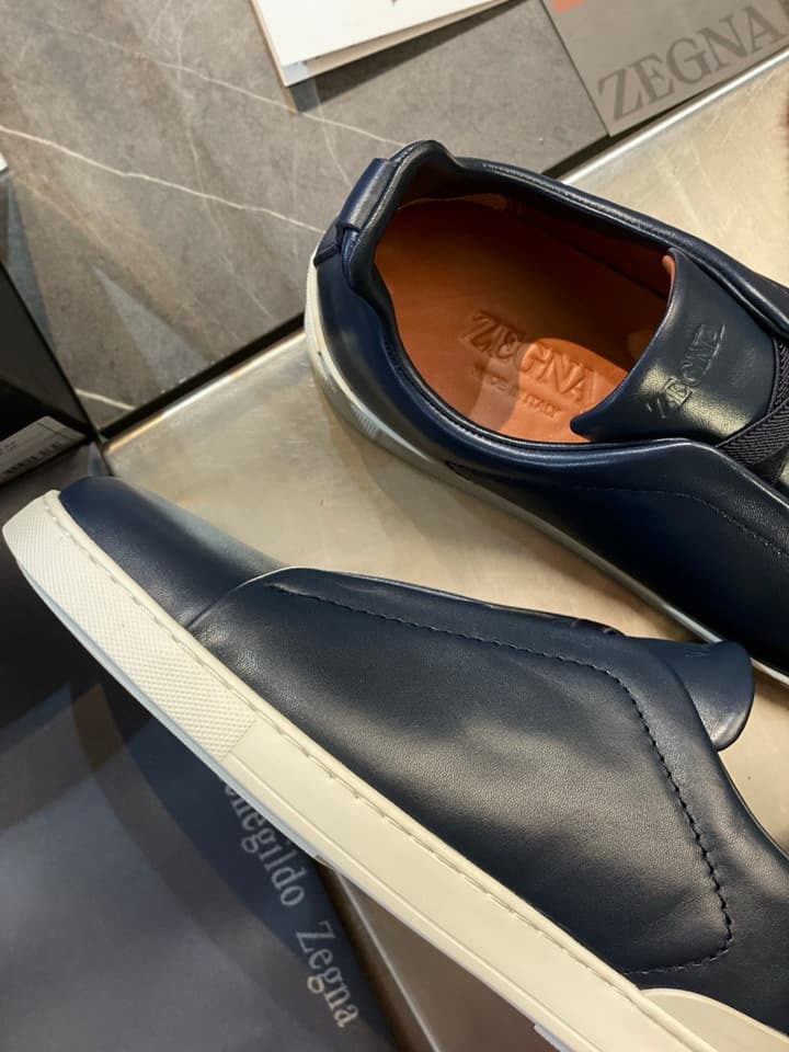 Zegna Triple Stitch Leather Sneakers in Black Smooth Leather