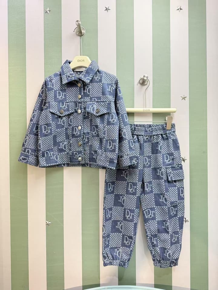 Dior Kids Two-Piece Set: Printed Jacket and Washed Denim Jeans – 2025SS – Kids Collection in Blue Logo Denim Set