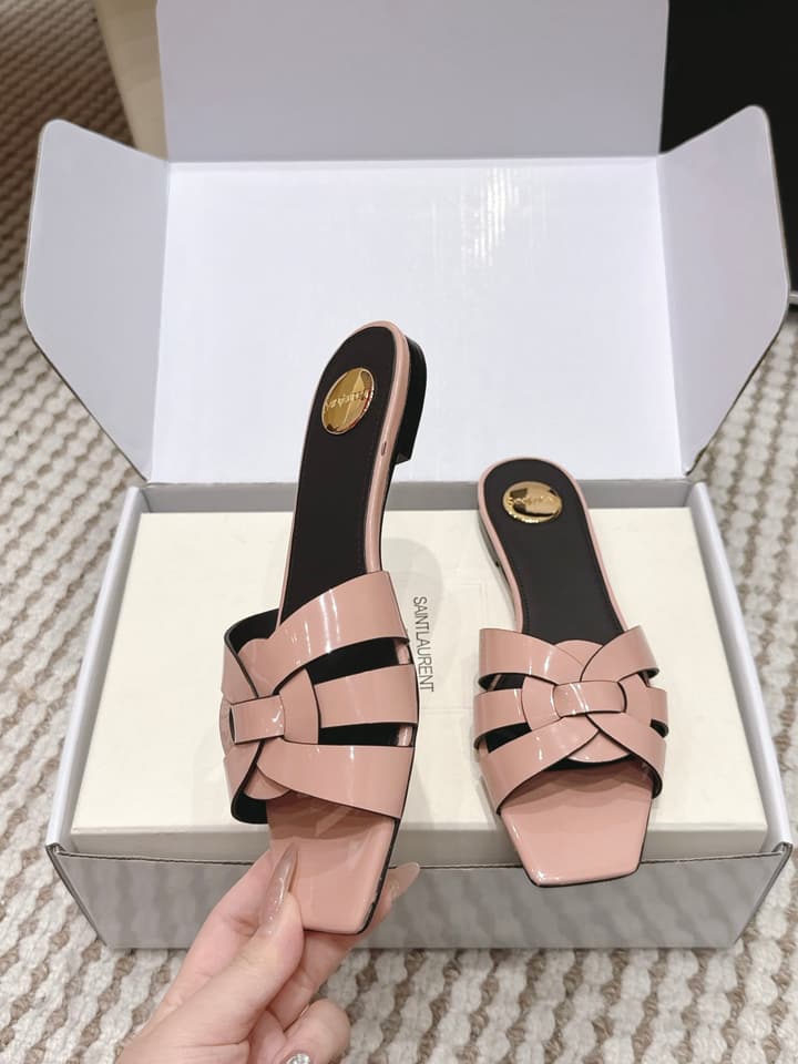 Saint Laurent Melody Square Toe Flat Sandals – 2026SS in Burgundy Patent