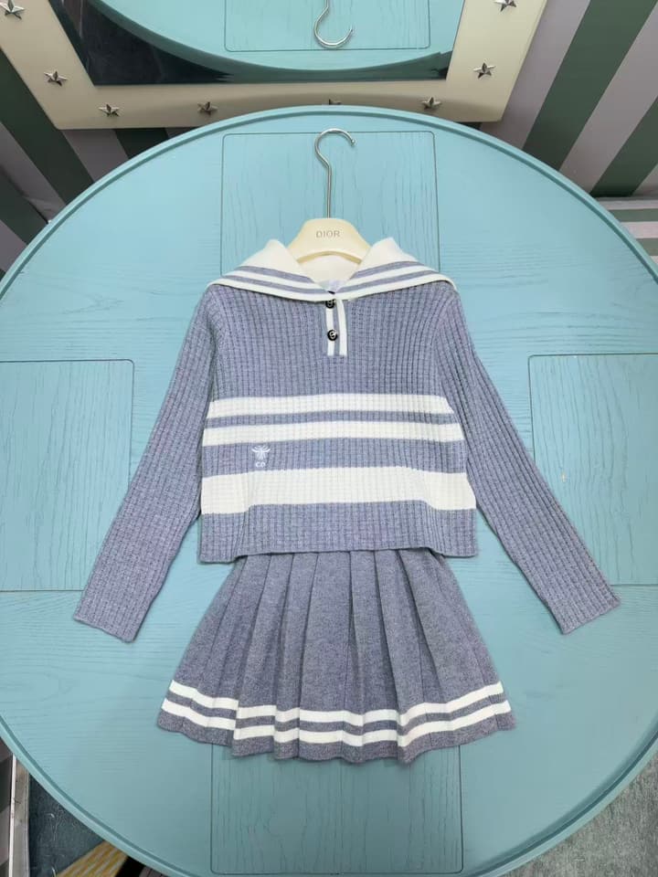 Dior Girls' Knit Cardigan and Skirt Set – 2025SS in Navy Blue With White Stripe