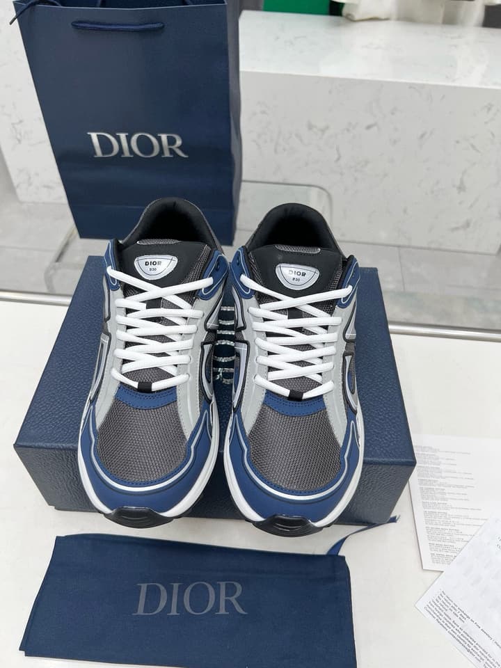 Dior B30 Unisex Mesh and Leather Sneakers in Navy Blue And Grey