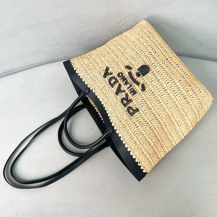 Prada Large Raffia and Leather Tote Bag 1BG499 – Summer Collection in Natural Raffia With Black Leather