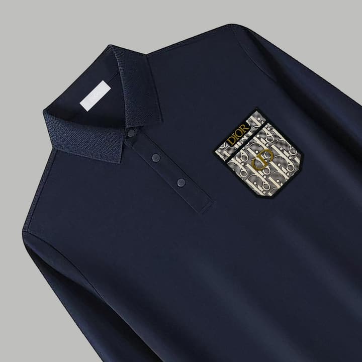Dior Silk Long Sleeve Polo Shirt with Metal Patch in White With Solid Pocket