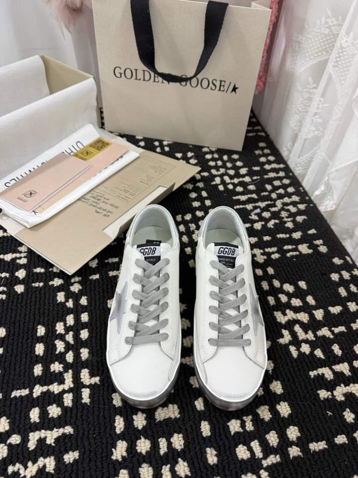 Golden Goose Super Star Rhinestone Leather Sneakers in Grey Suede Black Leather White Star