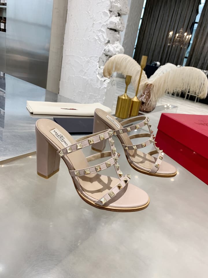 Valentino Studded Classic Block Heel Sandals in Beige