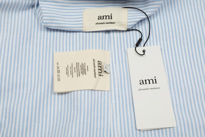 AMI Paris Small Heart Embroidered Striped Long Sleeve Shirt in Blue Stripe