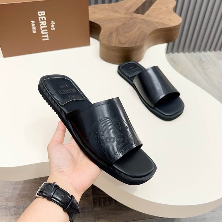 Berluti Hand-Painted Calfskin Slippers in Matte Black