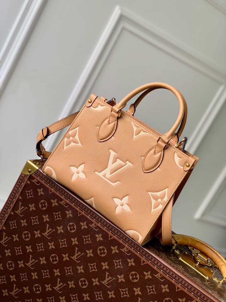 Louis Vuitton OnTheGo Small Tote Bag in Light Tan Embossed Monogram