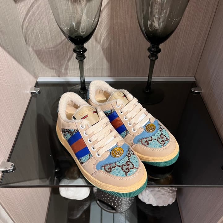 Gucci Rhyton Distressed Kids' Sneakers – Kids Collection – 2023SS in Cream With Blue Flower Design