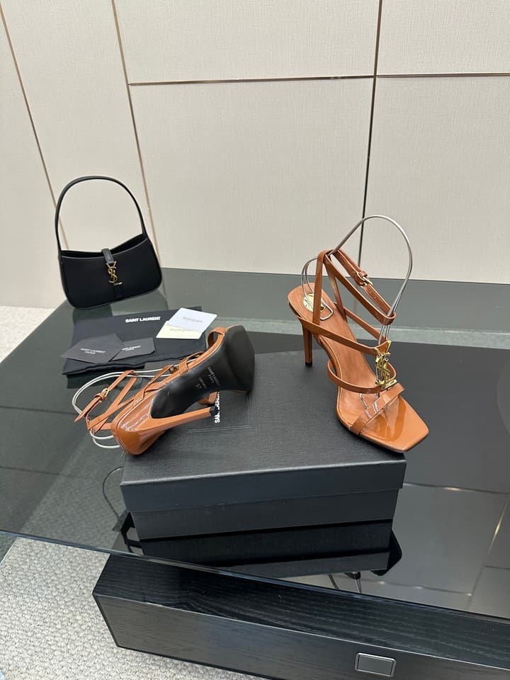 Saint Laurent Patent Leather Heeled Sandals in Bright Amber