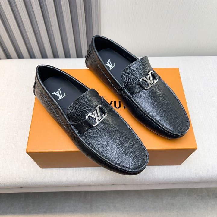 Louis Vuitton Pebbled Leather Driving Shoes in Black Smooth Leather