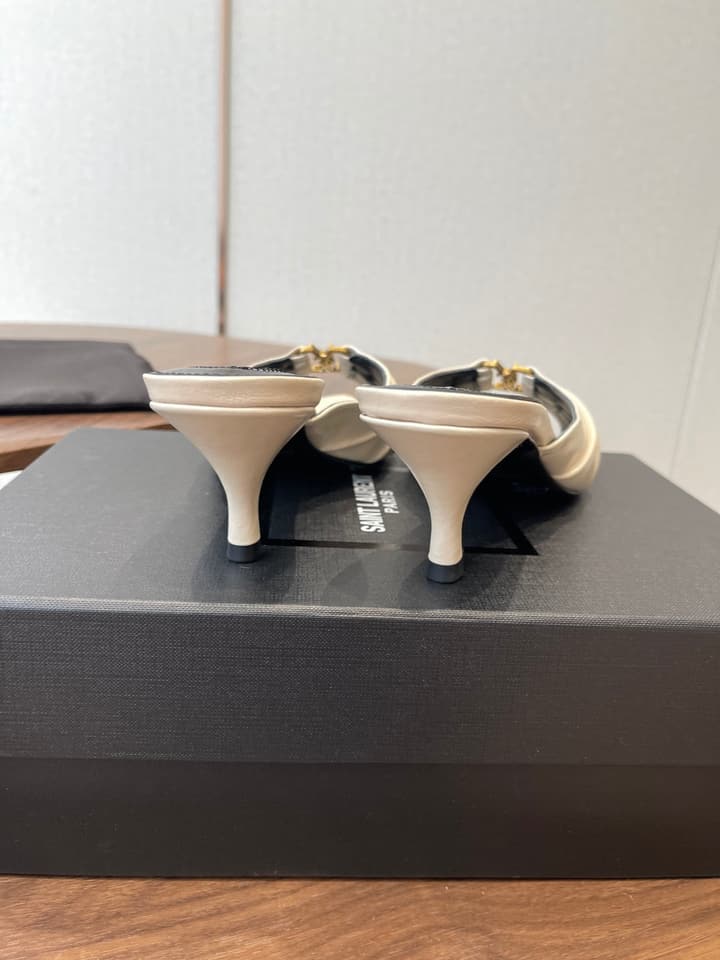 Saint Laurent Pointed Toe Stiletto Heeled Sandals – 26SS in Black - Gold Logo Plaque