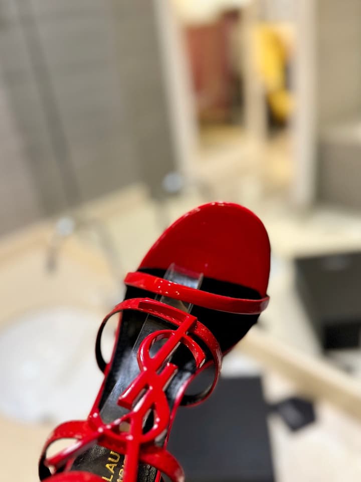 Saint Laurent YSL Logo Lacquer Heeled Sandals in Black Matte With Black Logo