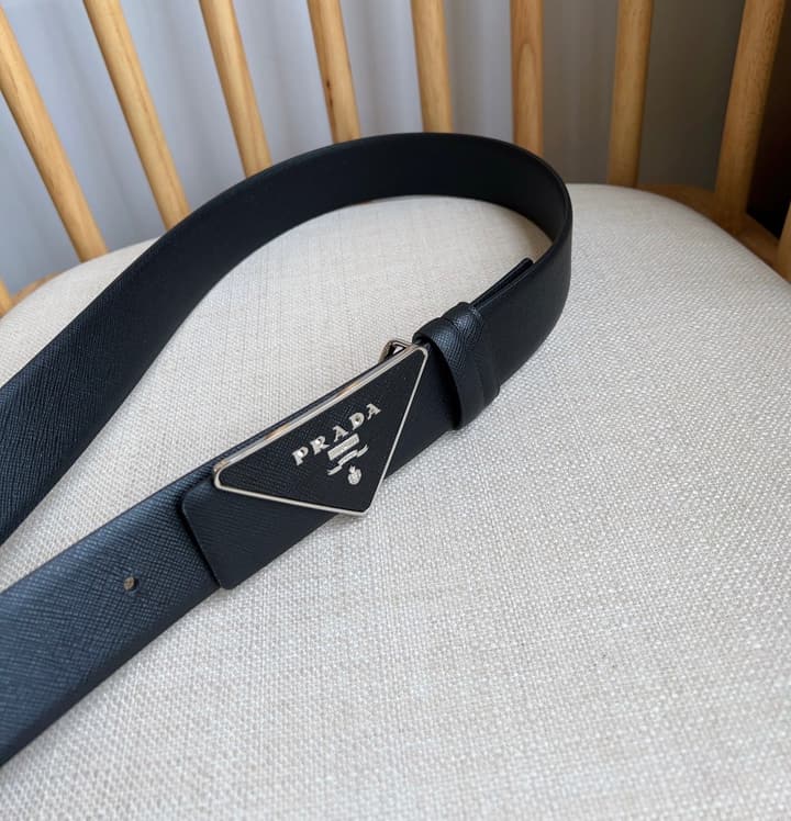 Prada Triangle Logo Buckle Belt in Black Textured Leather With Black Buckle