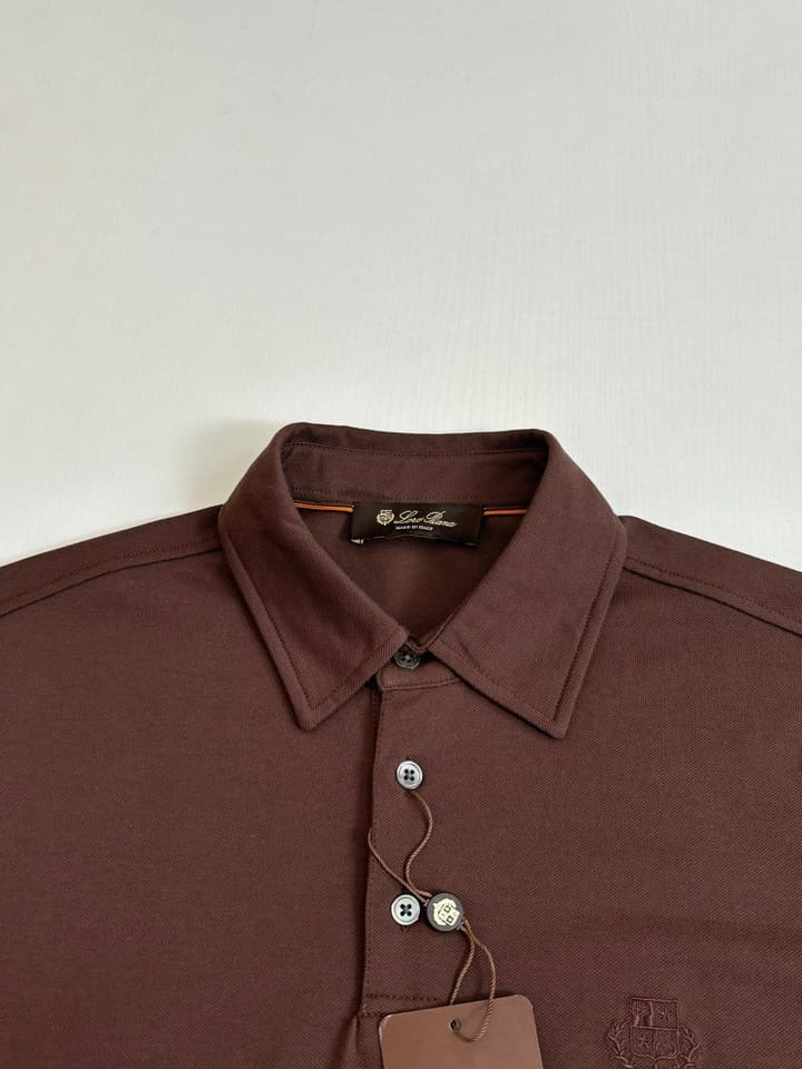Loro Piana LP Logo Embroidered Pique Cotton Polo Shirt in Dark Brown