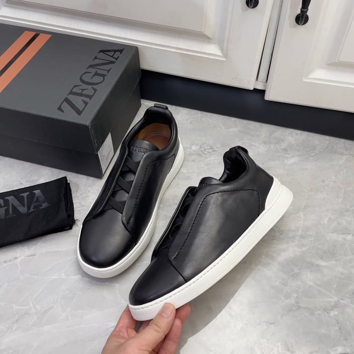 Zegna Triple Stitch Low-Top Sneakers in Navy Blue