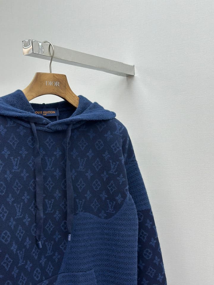 Louis Vuitton Monogram Jacquard Spliced Cashmere Hoodie in Dark Navy Monogram Jacquard