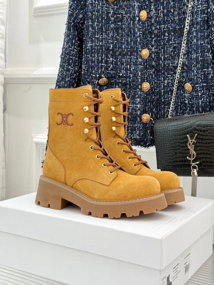 Celine Classic Triomphe Platform Martin Boots in Black Leather