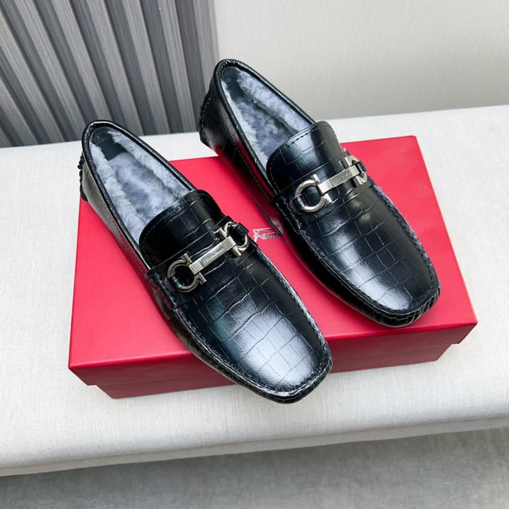 Ferragamo Imported Cowhide Fur-Lined Loafers in Black Patent Leather